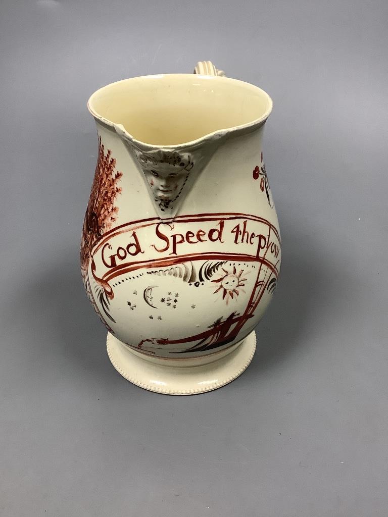 A creamware 'God Speed The Plow' jug, c.1780, height 13cm